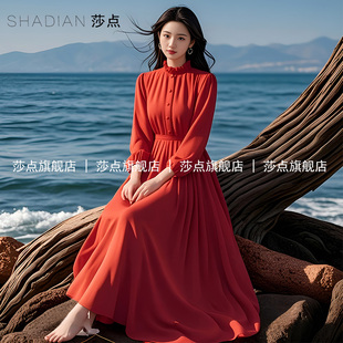 收腰长裙雪纺海边度假沙滩裙大摆裙 红色薄纱连衣裙女夏2025新款