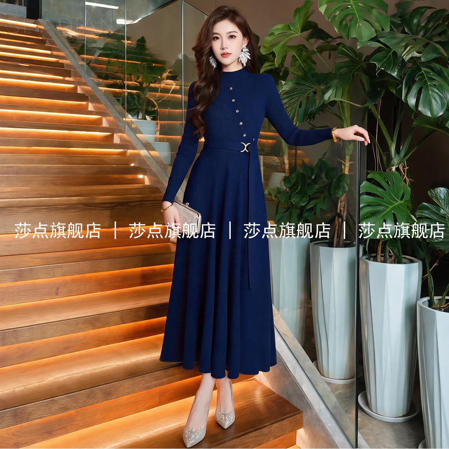 藏青色长袖连衣裙女春秋