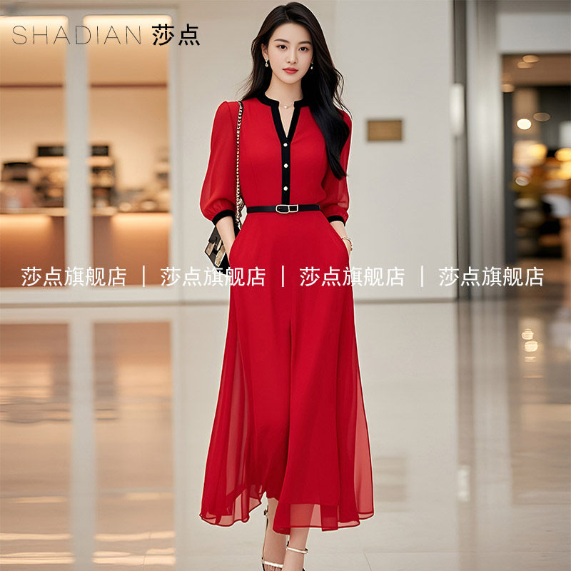 2026新款薄纱红色连衣裙女夏V领撞色雪纺长裙收腰气质设计感裙子