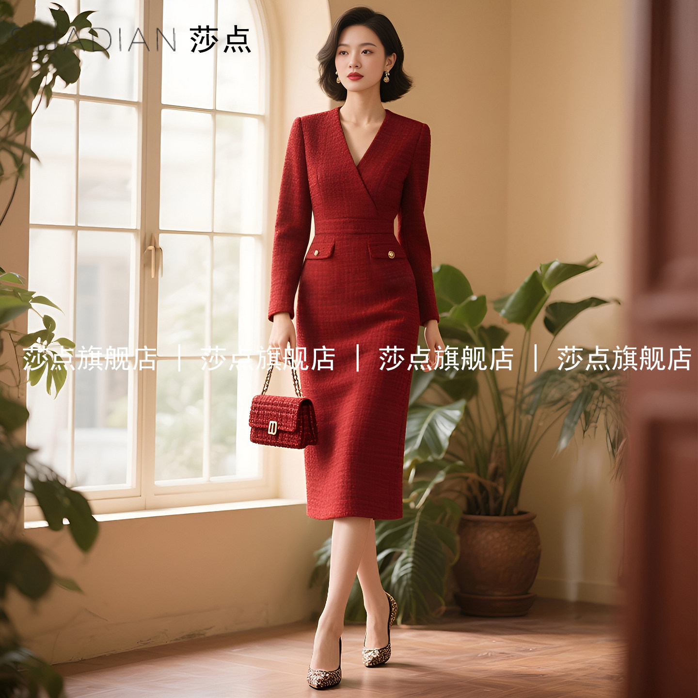 小香风V领长袖红色连衣裙女2025秋季气质收腰长款长裙妈妈结婚裙,女装/女士精品,连衣裙,淘宝优惠券,粉丝福利购,淘宝优惠卷