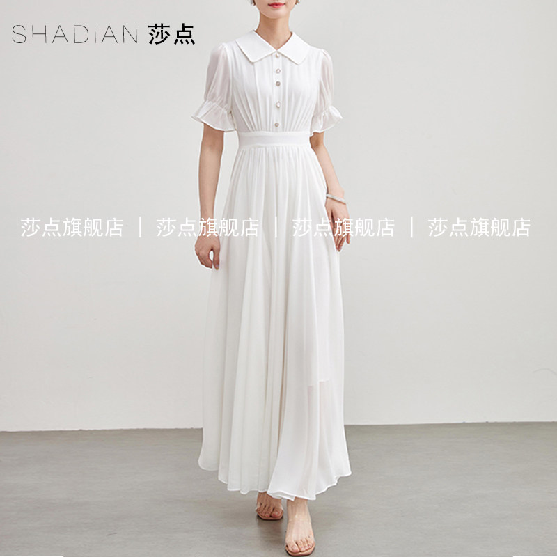 白色雪纺连衣裙女夏短袖长款