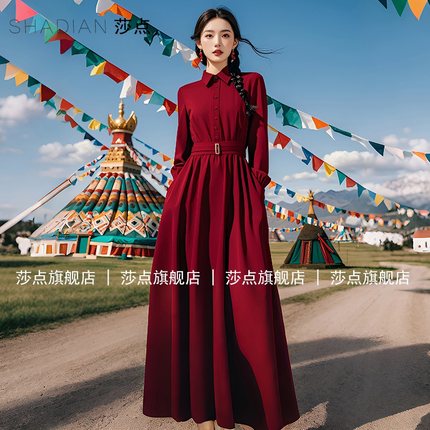 法式连衣裙女春秋衬衫裙收腰显瘦设计感小众复古赫本风红色裙子