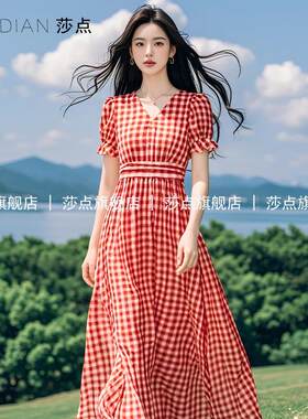 收腰短袖V领雪纺格子连衣裙女夏