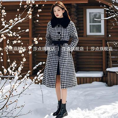 莎点长款高端呢子大衣千鸟格外套