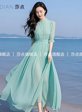浅绿色雪纺薄纱连衣裙女夏短袖