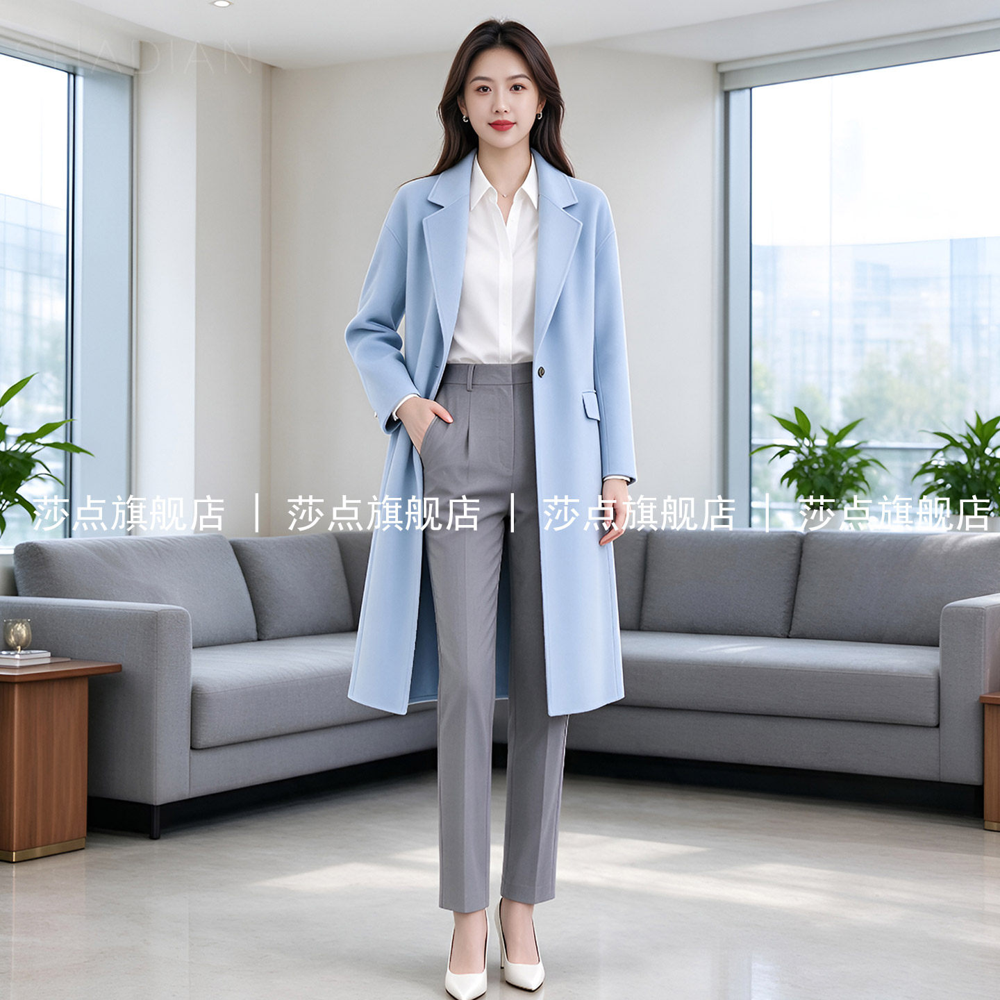 蓝色西装领毛呢外套女冬