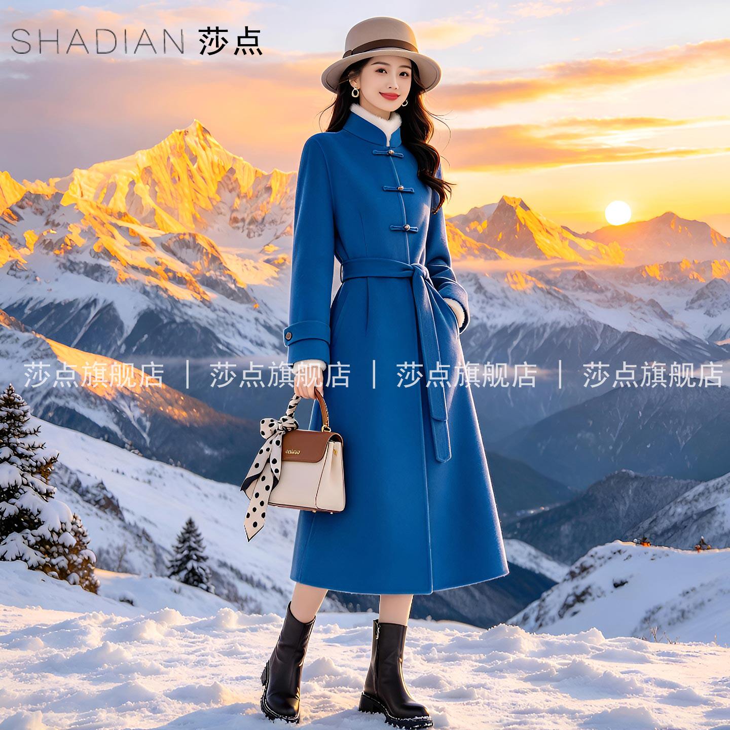 新中式蓝色呢子大衣女秋冬