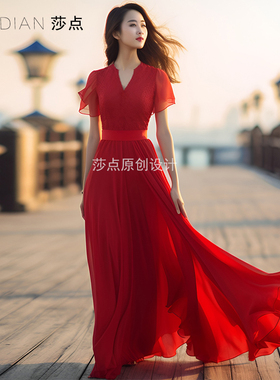 红色长裙蕾丝短袖连衣裙女夏季新款收腰显瘦海边沙漠拍照度假长裙