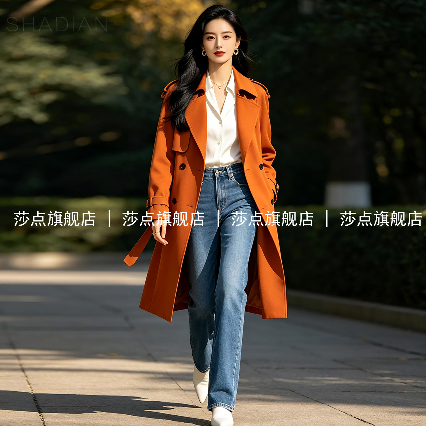 橙色休闲风衣女中长款宽松