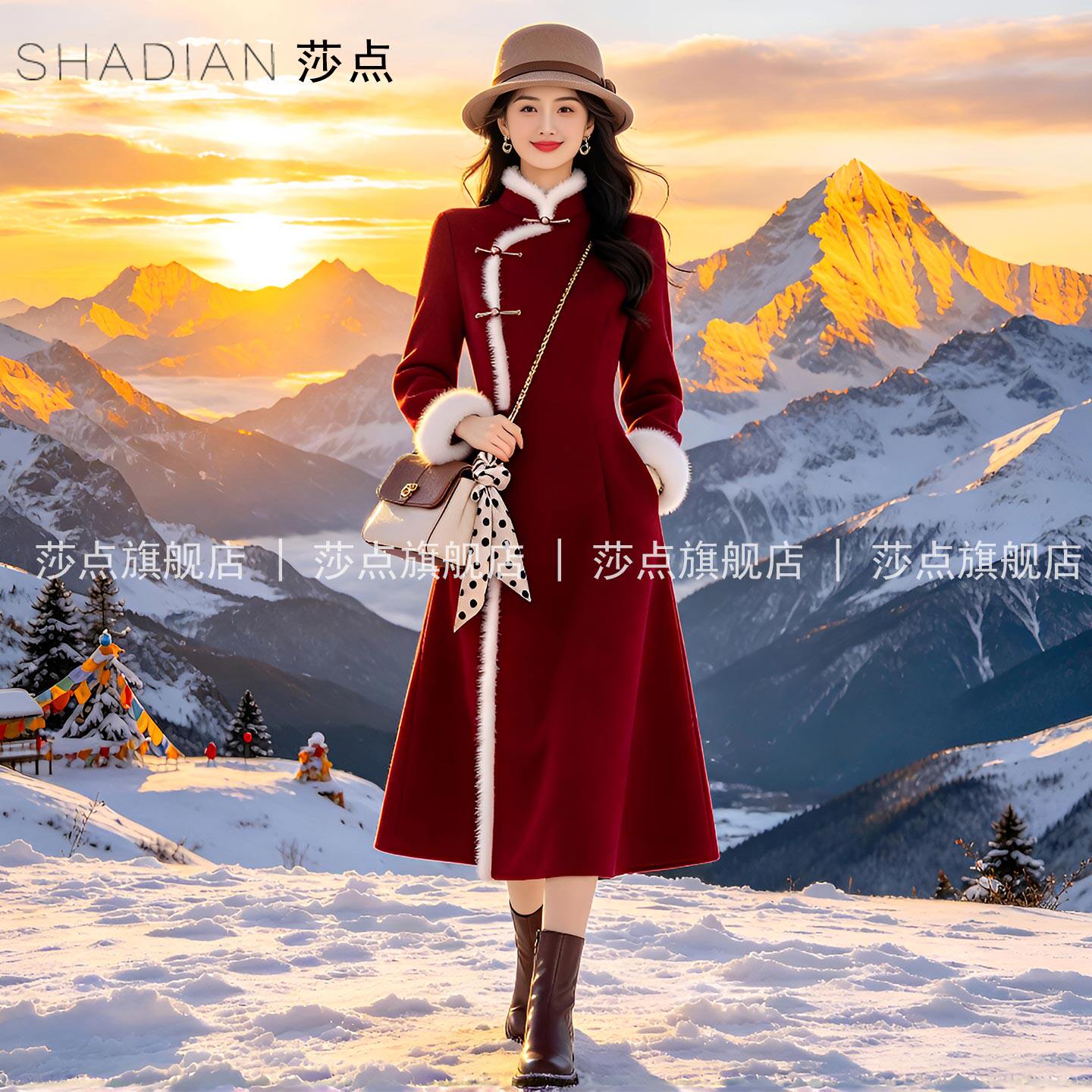 酒红色新中式盘扣呢子大衣女