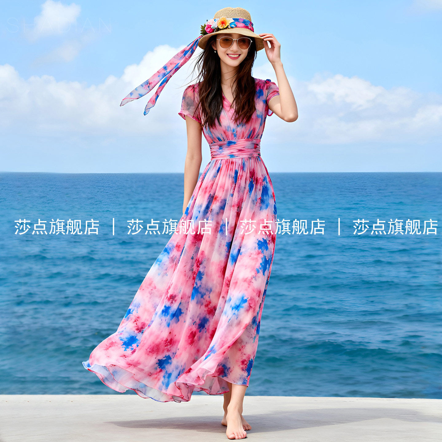 粉色V领短袖碎花连衣裙女夏雪纺收腰气质仙女长裙海边度假沙滩裙