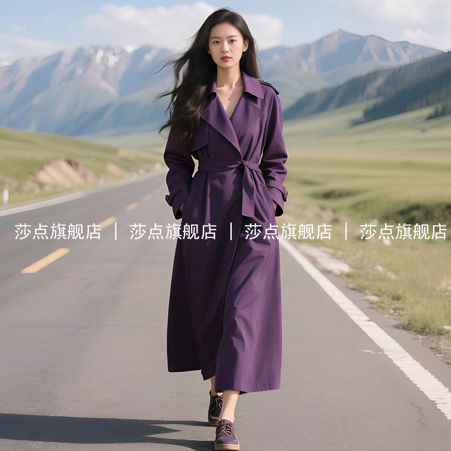 紫色休闲时尚风衣女中长款