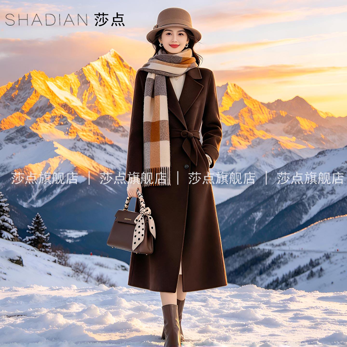 深咖色翻领呢子大衣女中长款