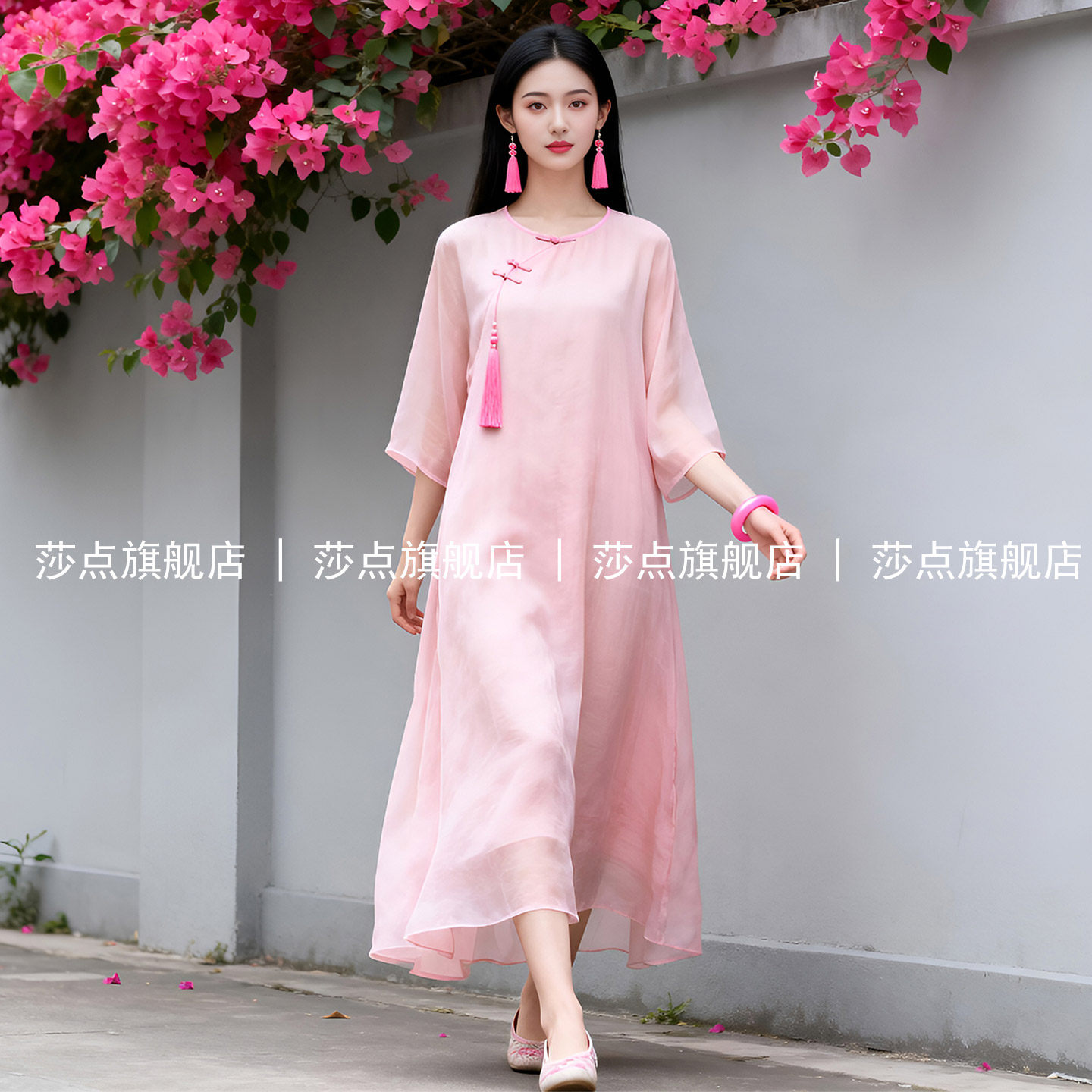 粉红色七分袖新中式薄纱连衣裙女夏宽松长裙直筒裙气质妈妈裙子
