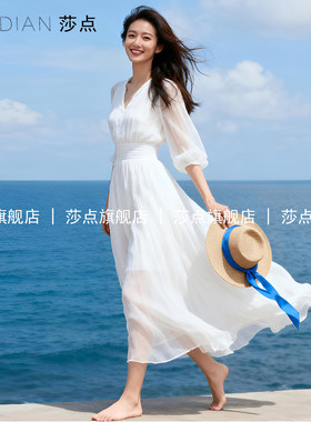 中袖V领白色薄纱连衣裙女夏