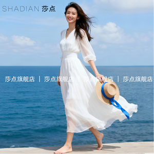 中袖V领白色薄纱连衣裙女夏