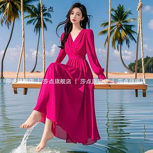 2026新款V领法式掐腰连衣裙女夏长裙气质夏日绝美海边度假大摆裙