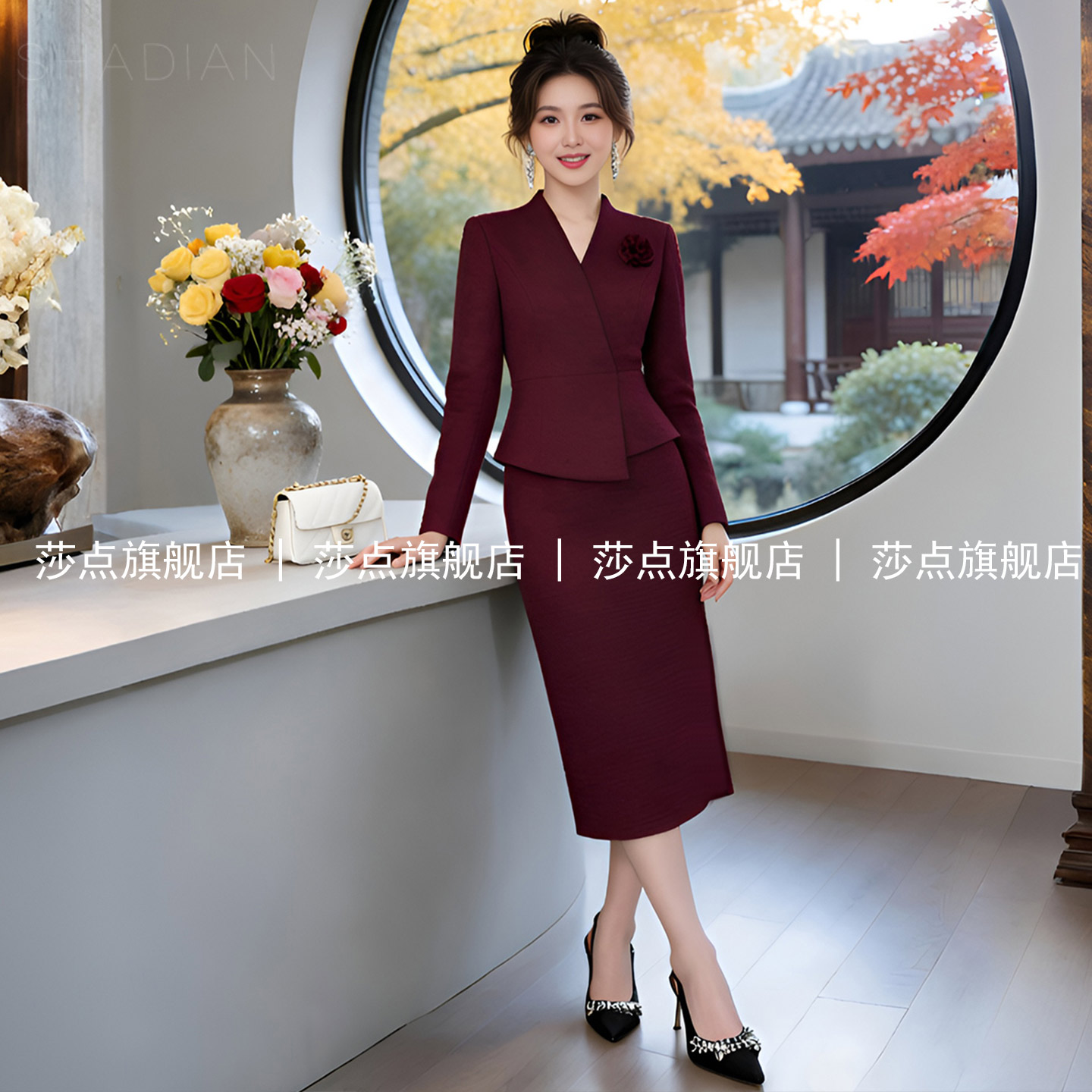 酒红休闲长袖假两件连衣裙