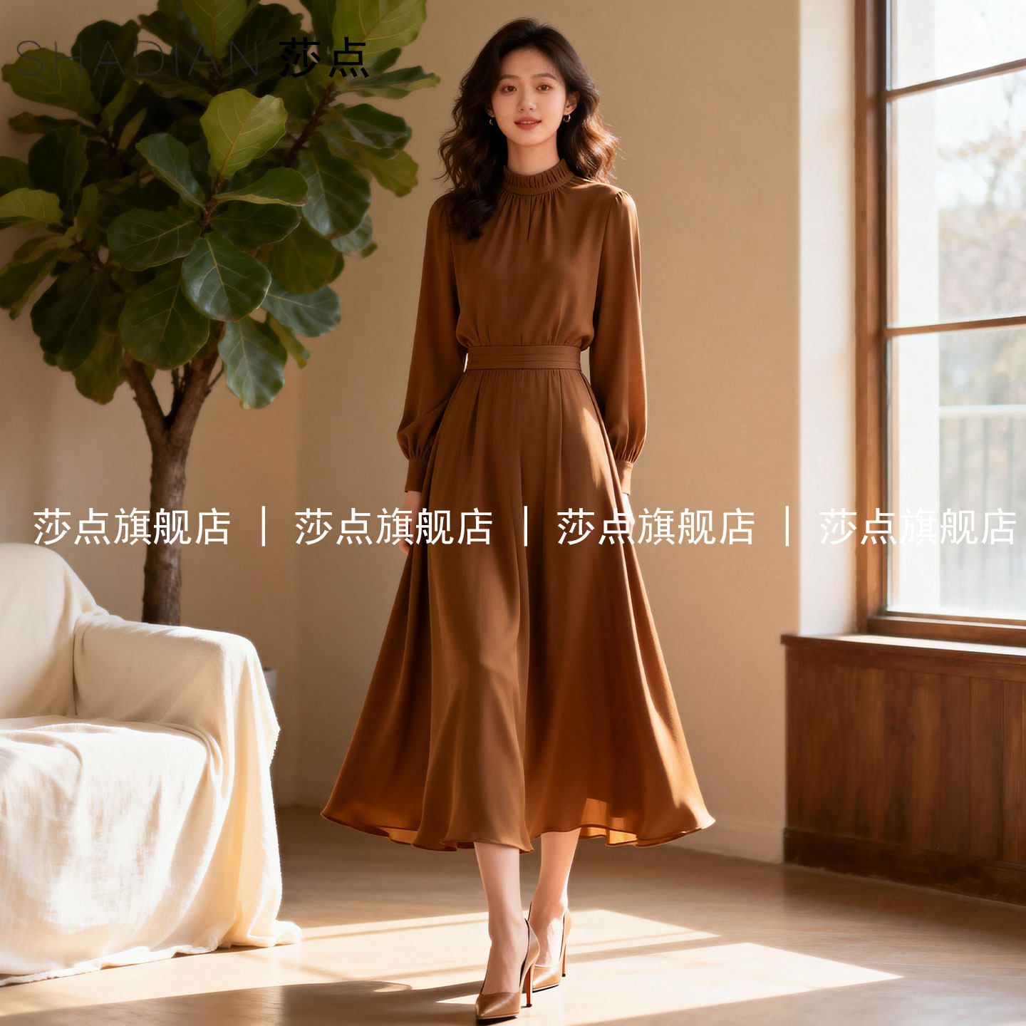 咖色连衣裙春新款气质收腰长袖显瘦度假长裙长款裙子大摆裙高级感