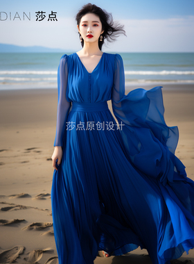 度假风连衣裙2026新款雪纺长裙收腰显瘦蓝色裙子海边沙滩裙大摆裙