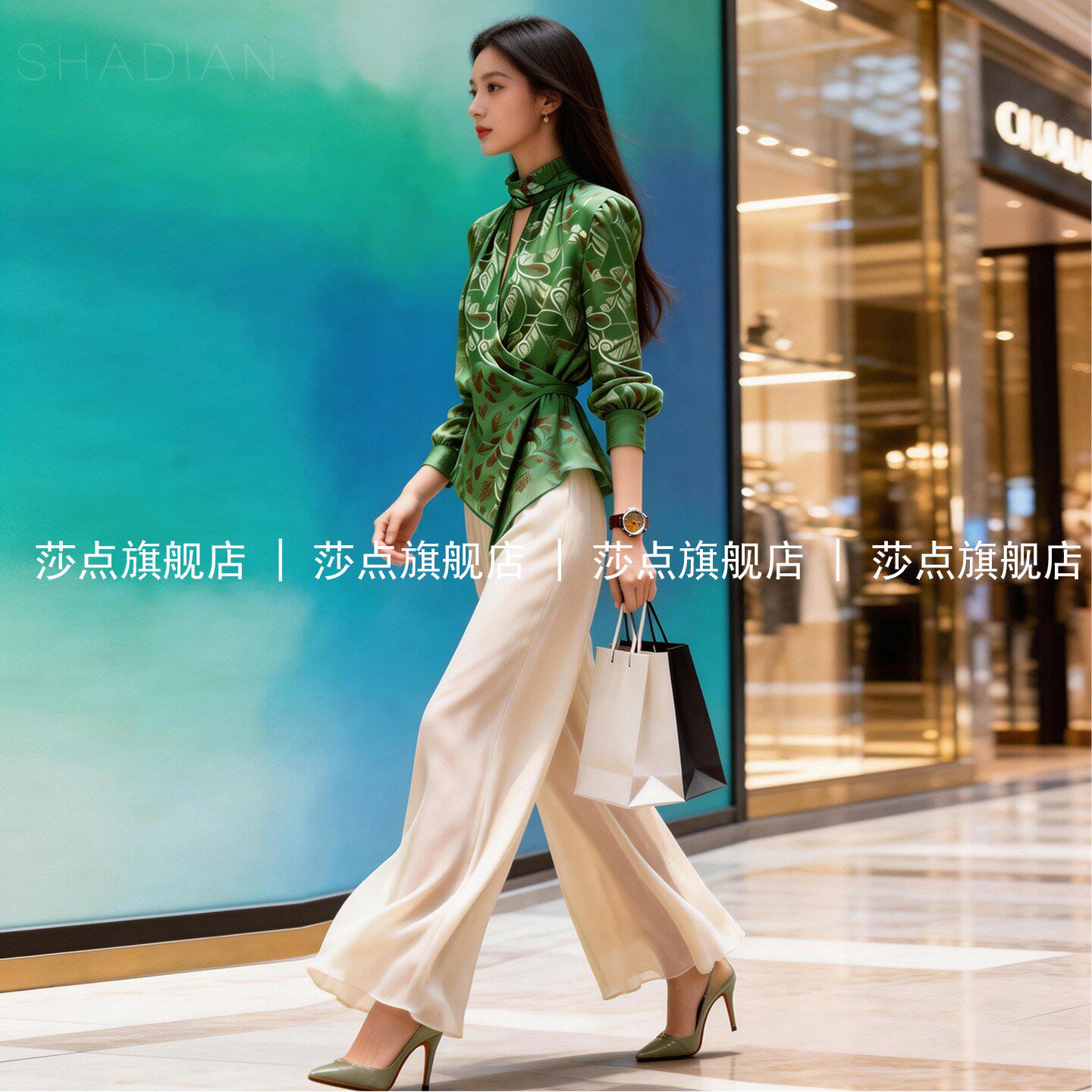 绿色休闲长袖衬衫套装女夏气质气质穿搭一整套高级感阔腿裤两件套