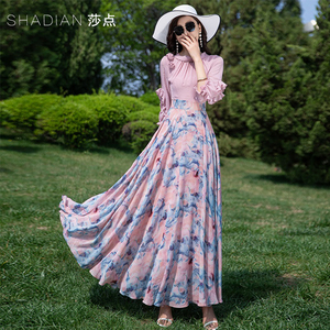 温柔风粉色雪纺连衣裙2026新款沙滩裙碎花长裙夏天大摆裙海边度假