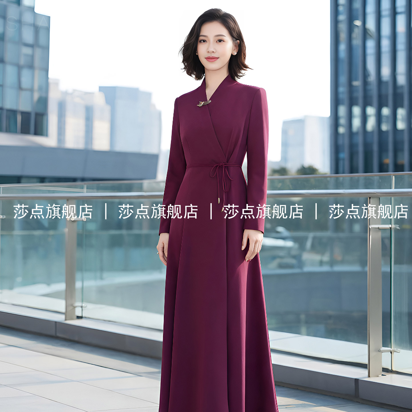 紫红色V领长袖连衣裙女款
