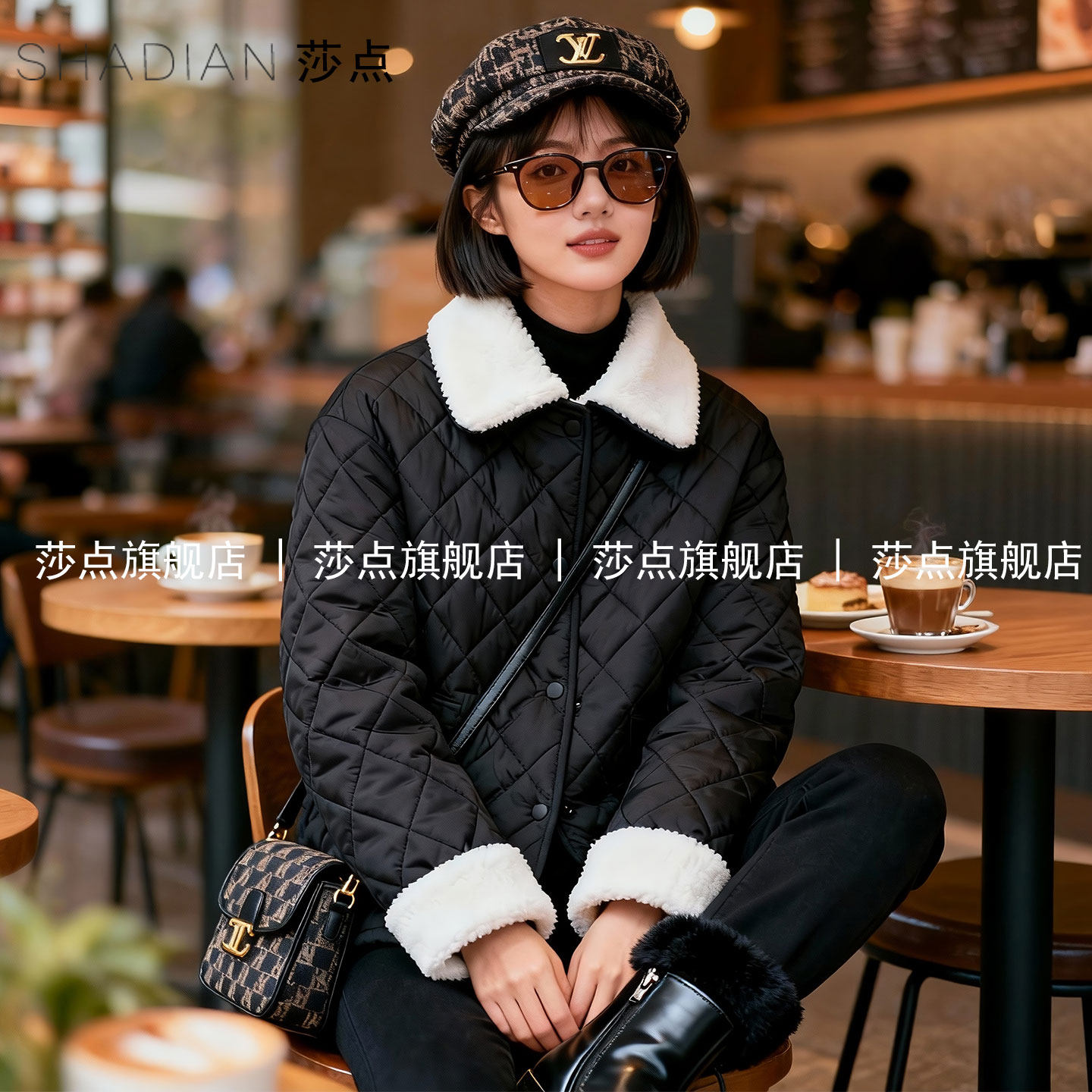 黑色菱格小翻领羽绒棉服女冬季加厚2025新款短款棉衣外套洋气棉袄