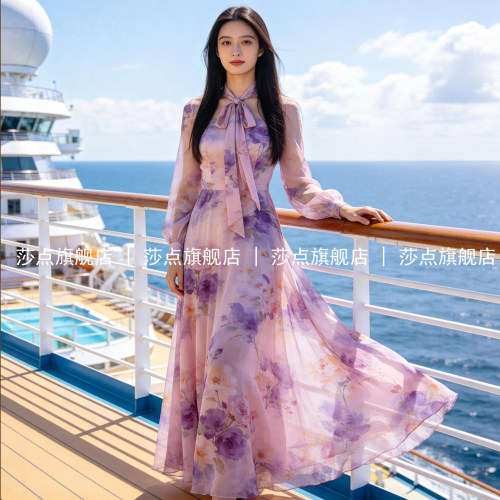 紫色长袖海边度假连衣裙女夏