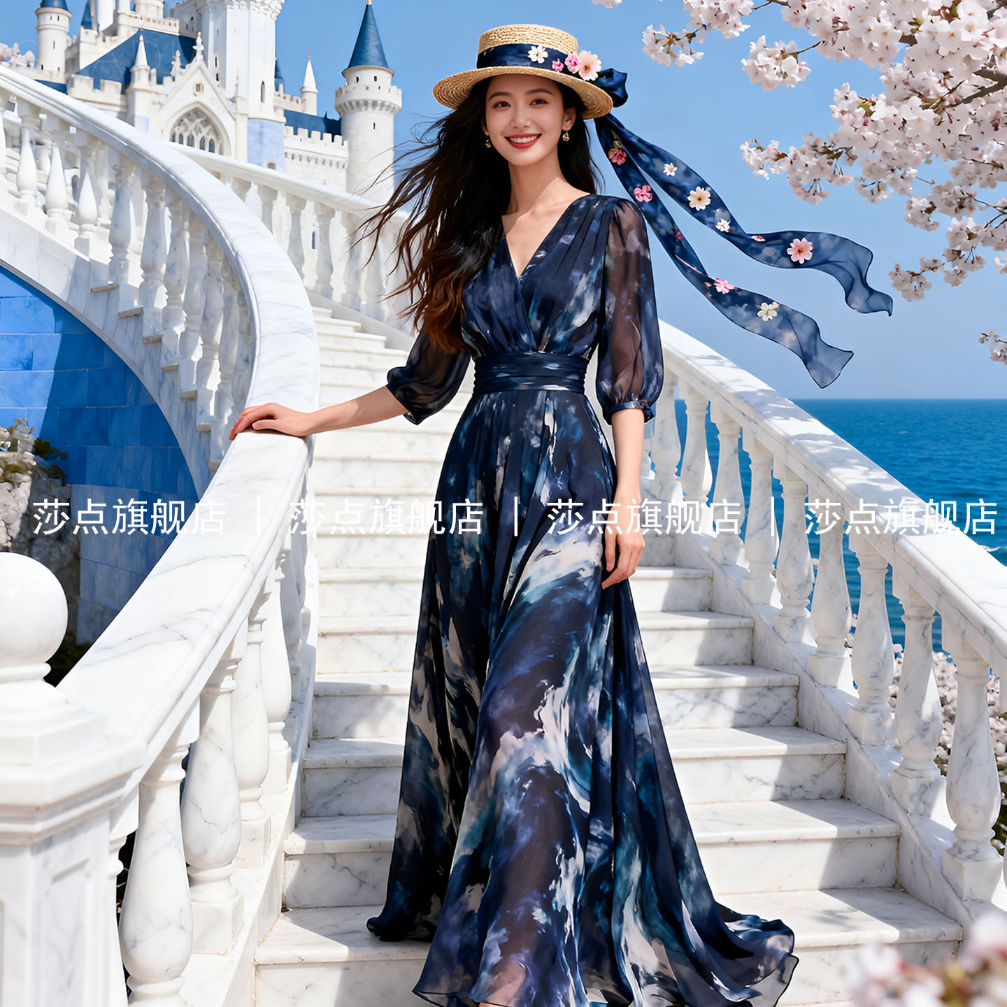 V领短袖藏青色晕染薄纱连衣裙女