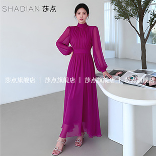 玫红色法式薄纱连衣裙2026春秋气质收腰长袖雪纺长裙长款大摆裙