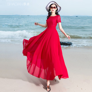 波西米亚大摆连衣裙女夏雪纺长款海边度假长裙新款红色沙滩裙脚踝