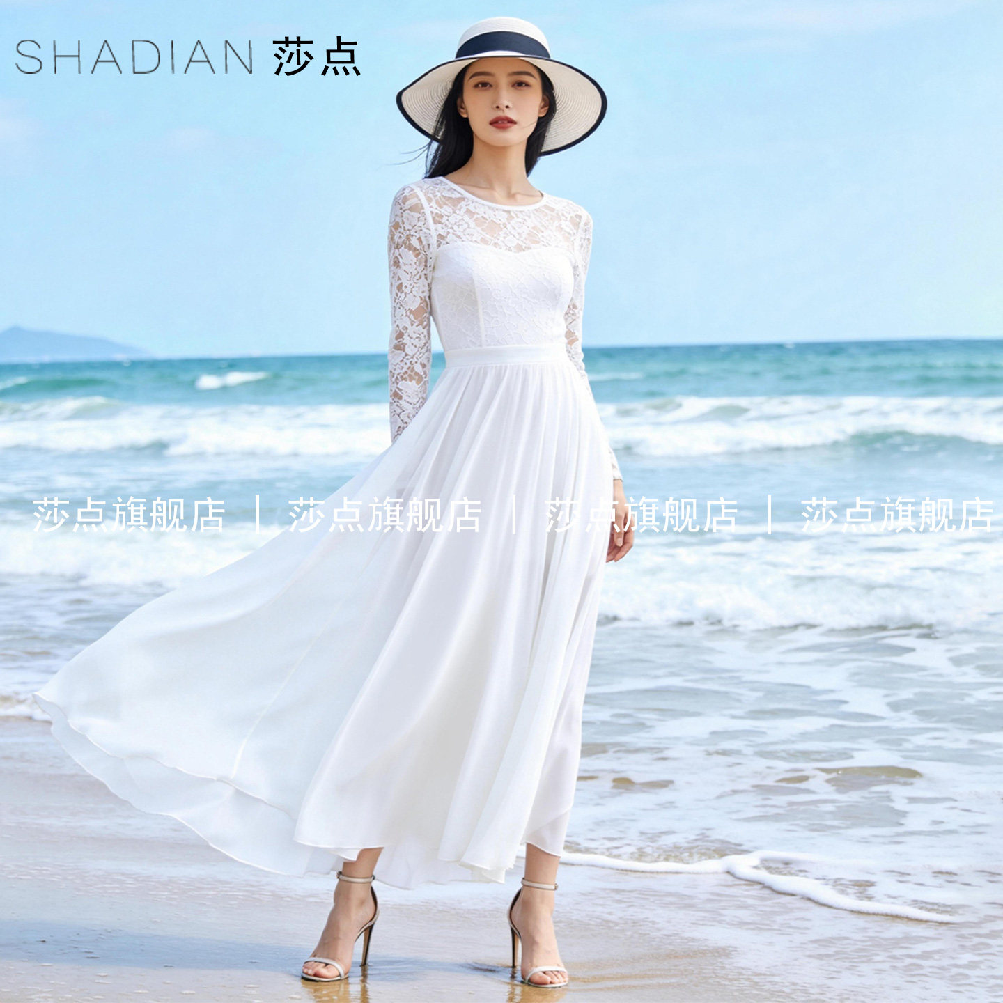 长袖白色蕾丝连衣裙女