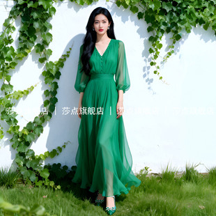 蕾丝V领短袖绿色薄纱连衣裙女夏收腰大摆长款沙滩裙海边度假长裙