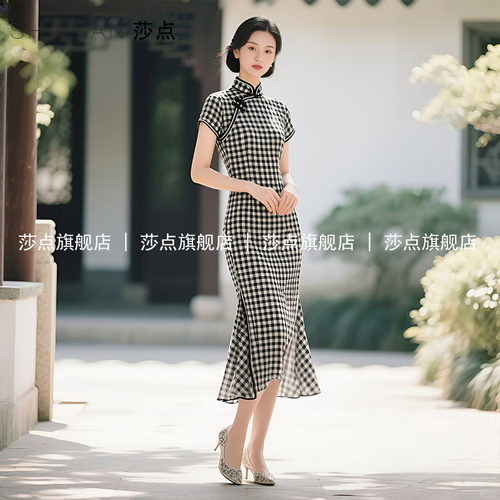 黑白格子新中式旗袍连衣裙