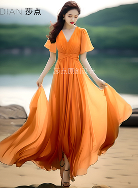 橙色连衣裙夏季新款雪纺短袖长裙收腰显瘦大摆裙海边度假沙滩裙