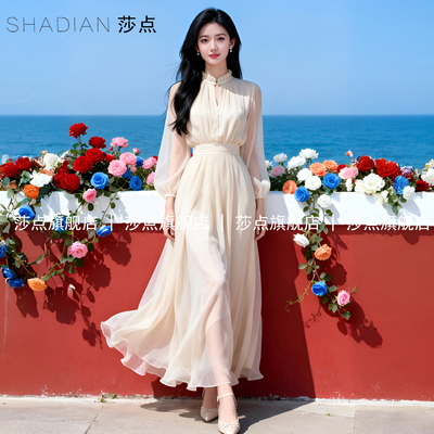 长袖薄纱连衣裙女夏气质收腰长裙