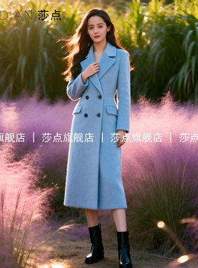 2025秋冬新款蓝色双排扣呢子大衣女中长款气质加厚保暖毛呢外套