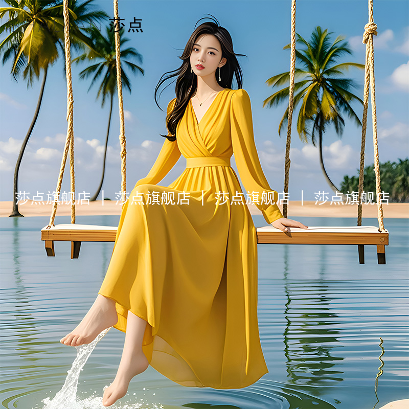 黄色V领长袖连衣裙女夏气质长裙长款多巴胺掐腰裙海边度假沙滩裙