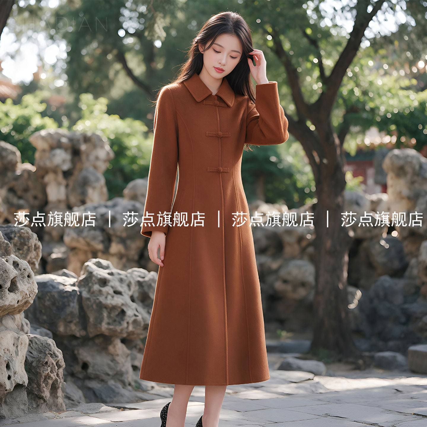 驼色新中式盘扣毛呢外套女冬加厚