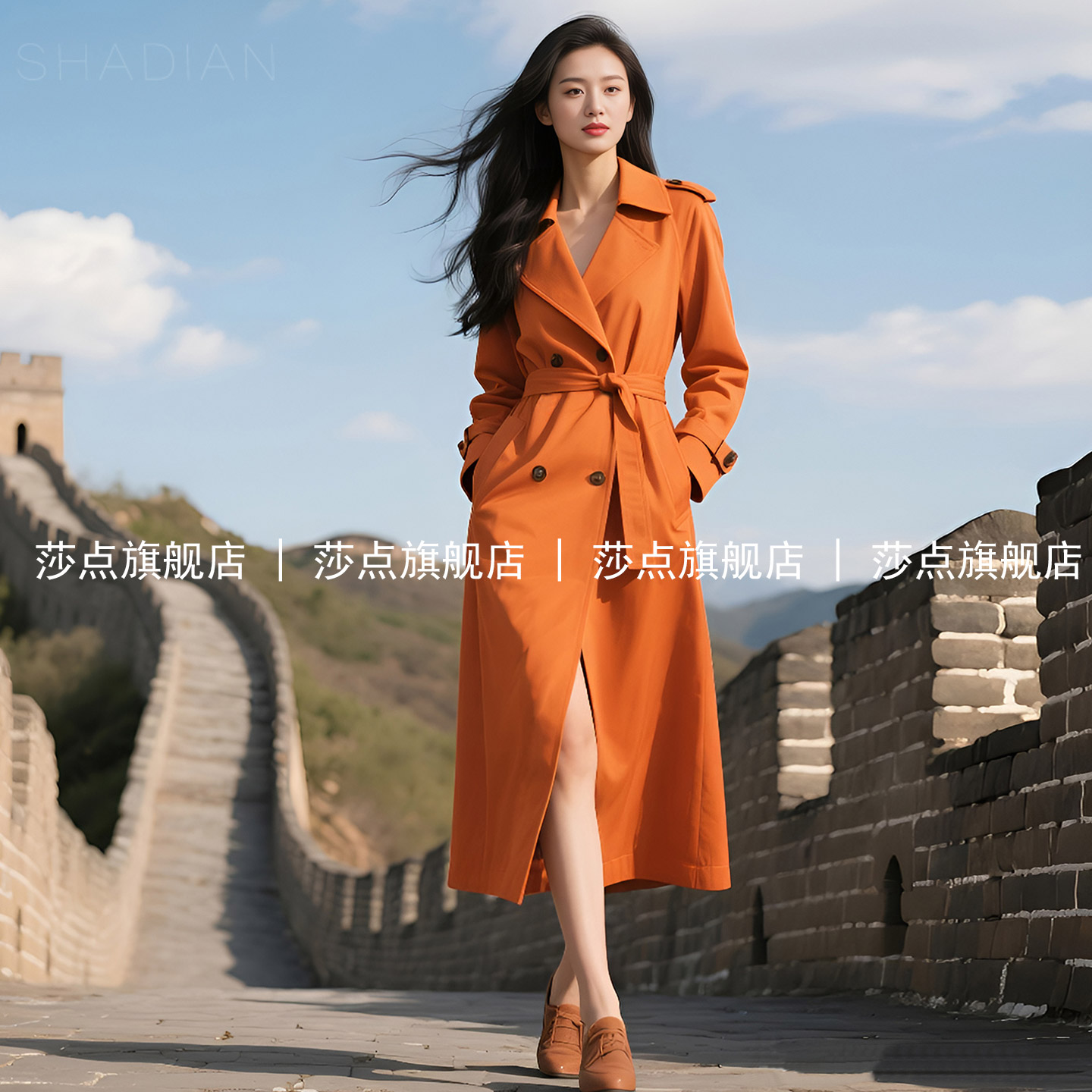 橙色双排扣休闲风衣女中长款