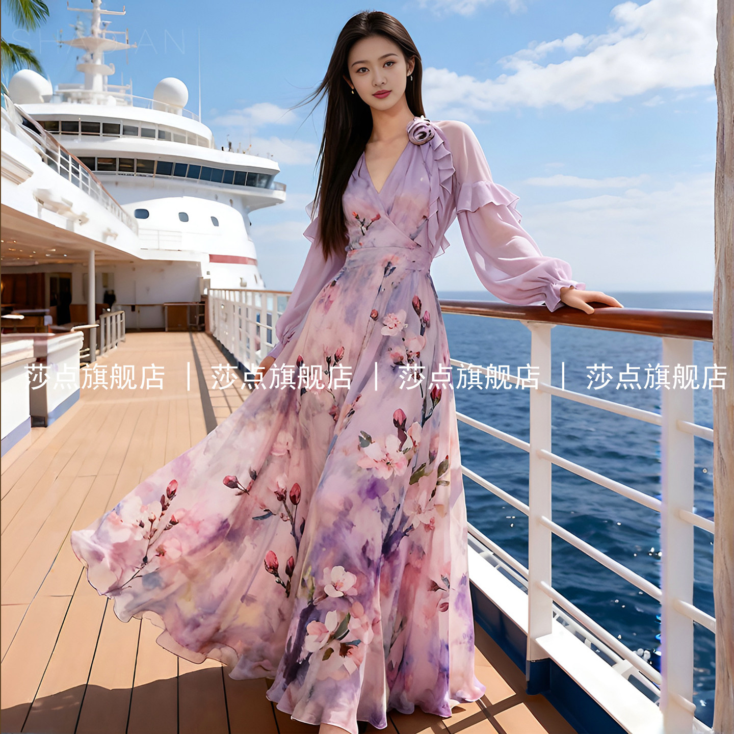 紫色长袖碎花连衣裙女夏