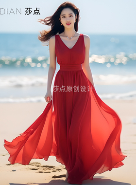 红色连衣裙雪纺长款过膝裙子显瘦高级感海边度假裙沙滩裙沙漠长裙