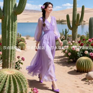 V领七分袖紫色薄纱连衣裙女夏2026海边度假沙滩裙雪纺长裙衬衫裙