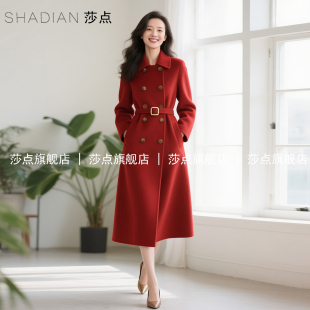 红色双排扣毛呢外套女中长款2025秋冬新款气质收腰呢子大衣高级感