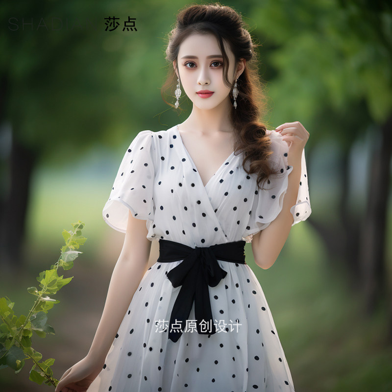 小香风连衣裙新款收腰显瘦波点大摆裙名媛气质度假长裙海边沙滩裙