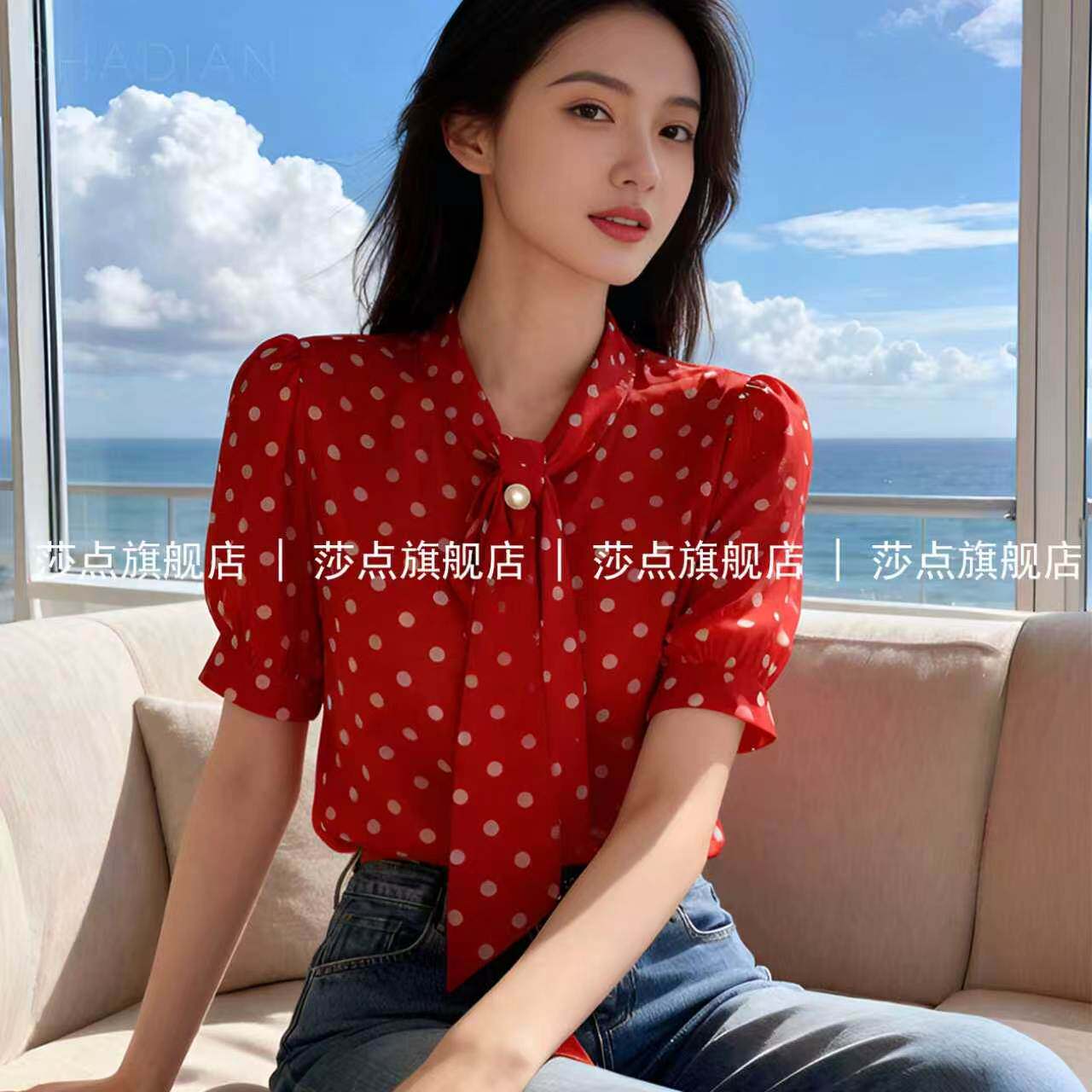 红色短袖波点衬衫女雪纺上衣2026春季新款洋气减龄小资衬衣高级感