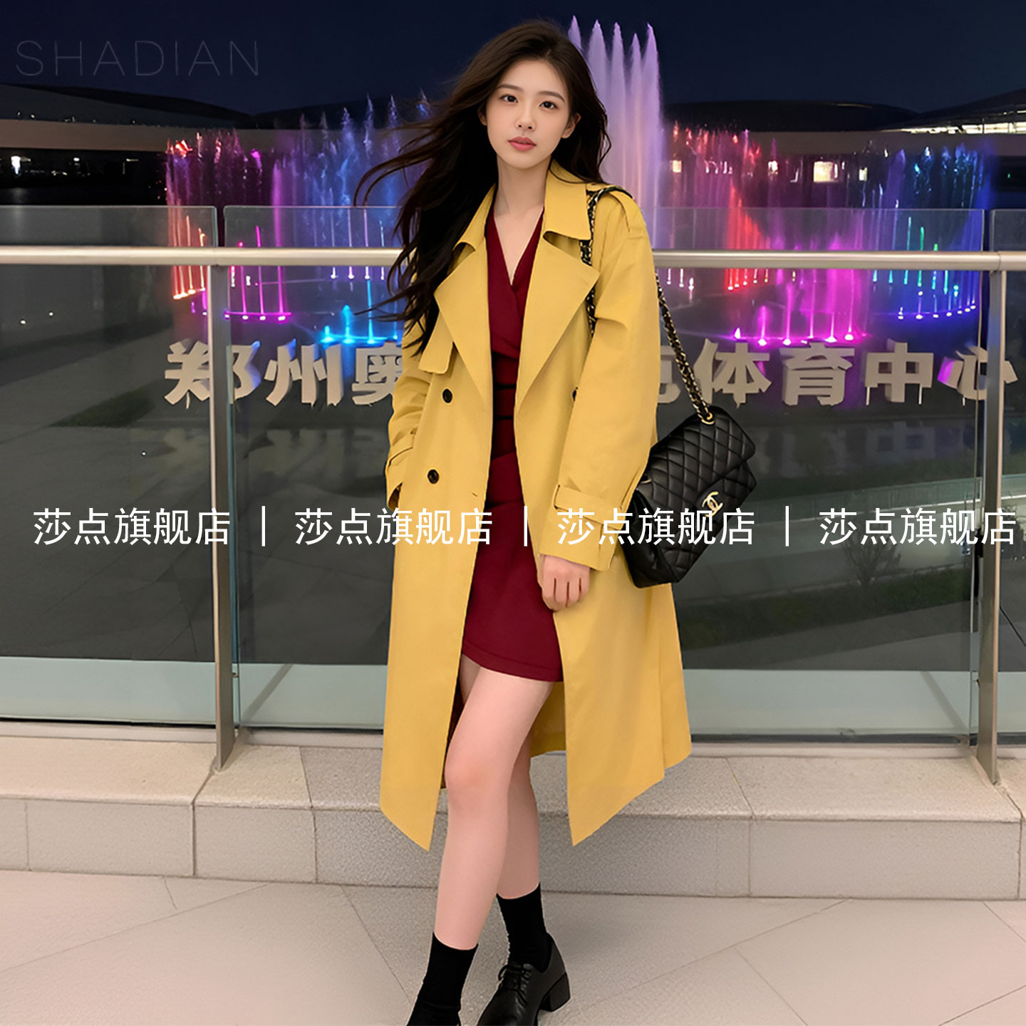黄色双排扣休闲风衣大衣女中长款