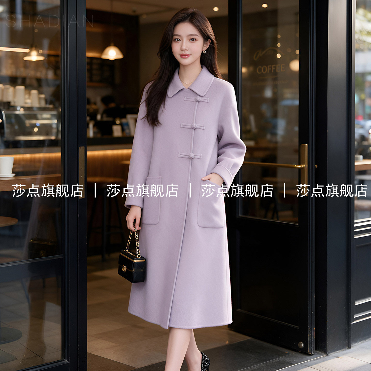 紫色翻领单排扣毛呢外套女冬加厚