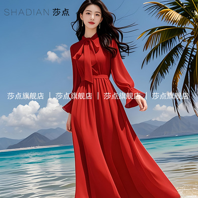 红色雪纺连衣裙女夏飘逸气质